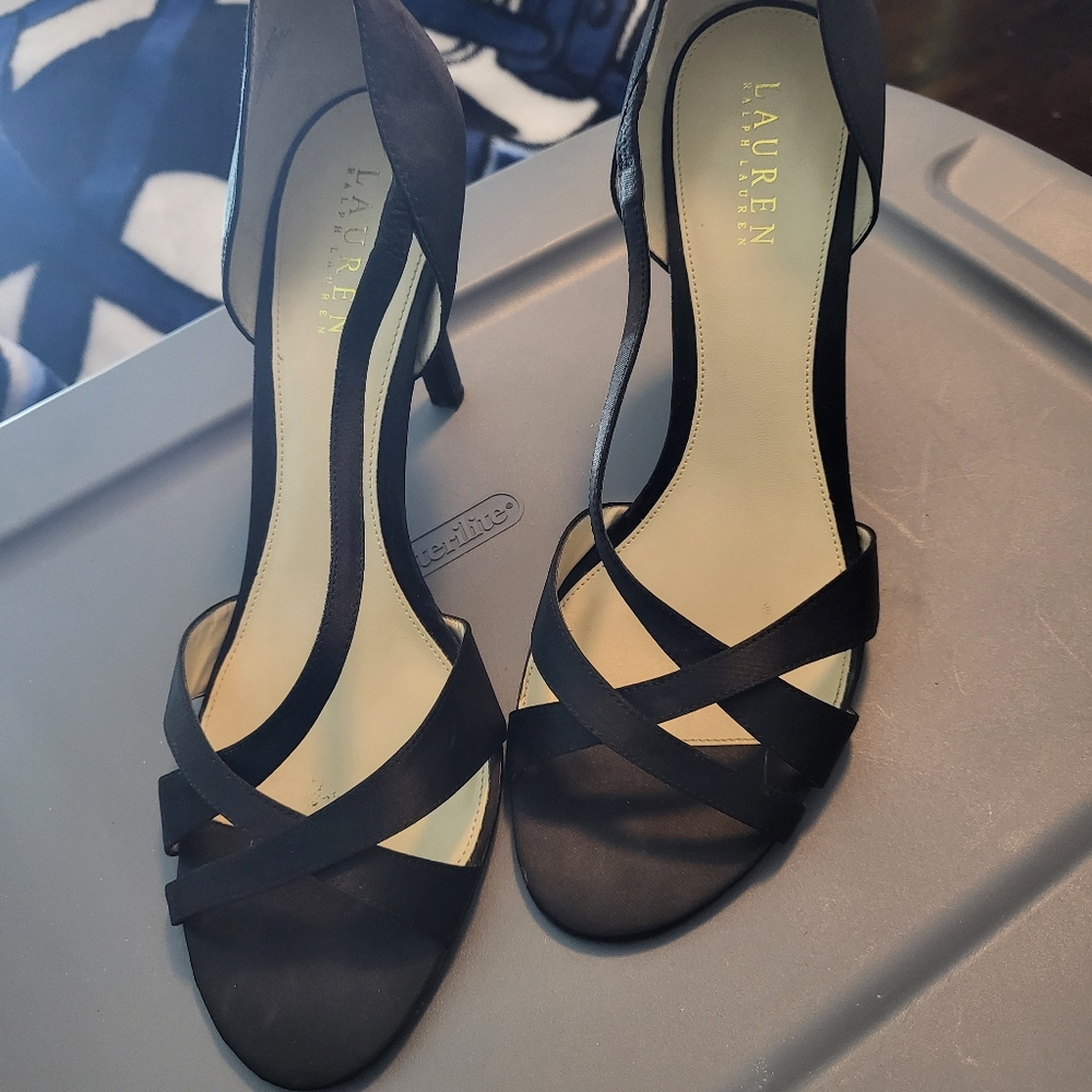 Women size 10 black satin open toe strappy Ralph Lauren heels